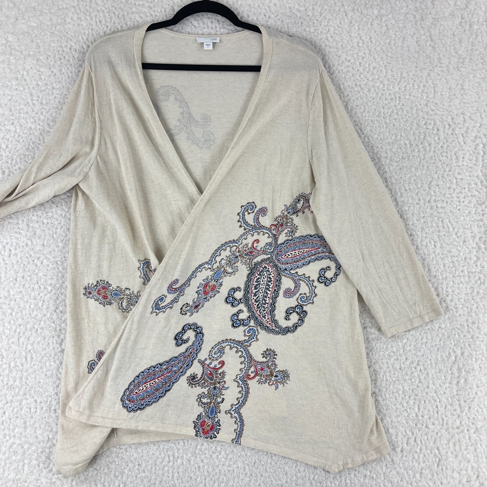J. Jill Ivory Paisley Print Open Front Cardigan Sweater Womens 3/4 Sleeve Size L - Picture 2 of 12